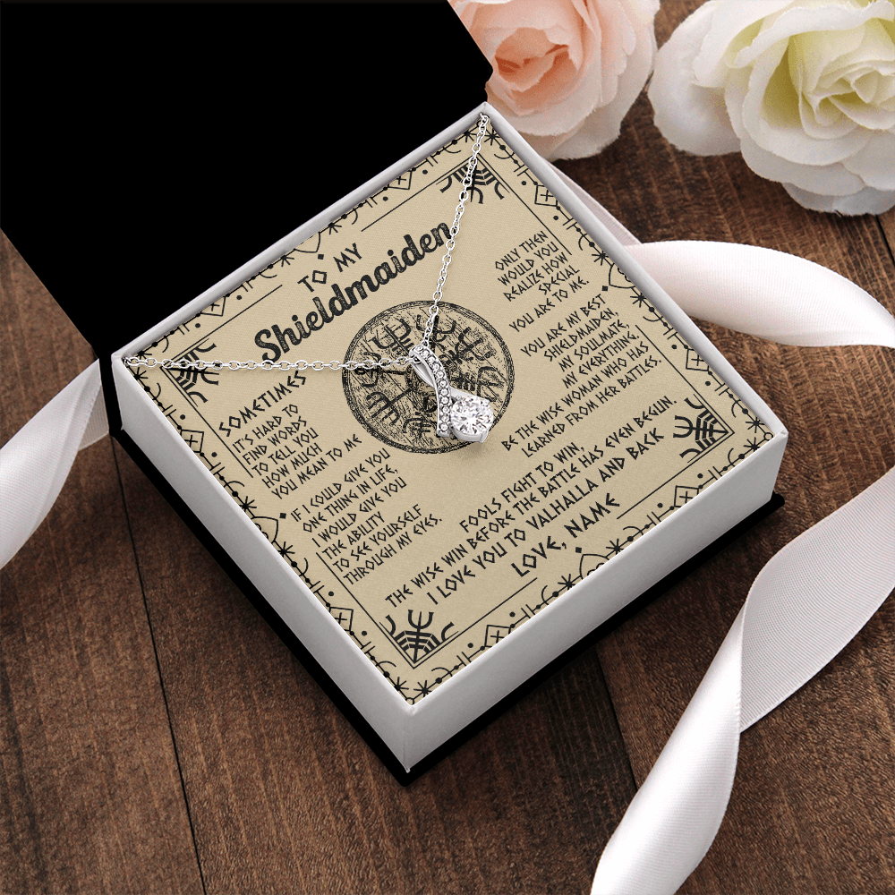 Personalized To My Shieldmaiden Necklace Viking Vintage I Love You to Valhalla Jewelry Fiancee Wife Girlfriend Birthday Anniversary Customized Message Card