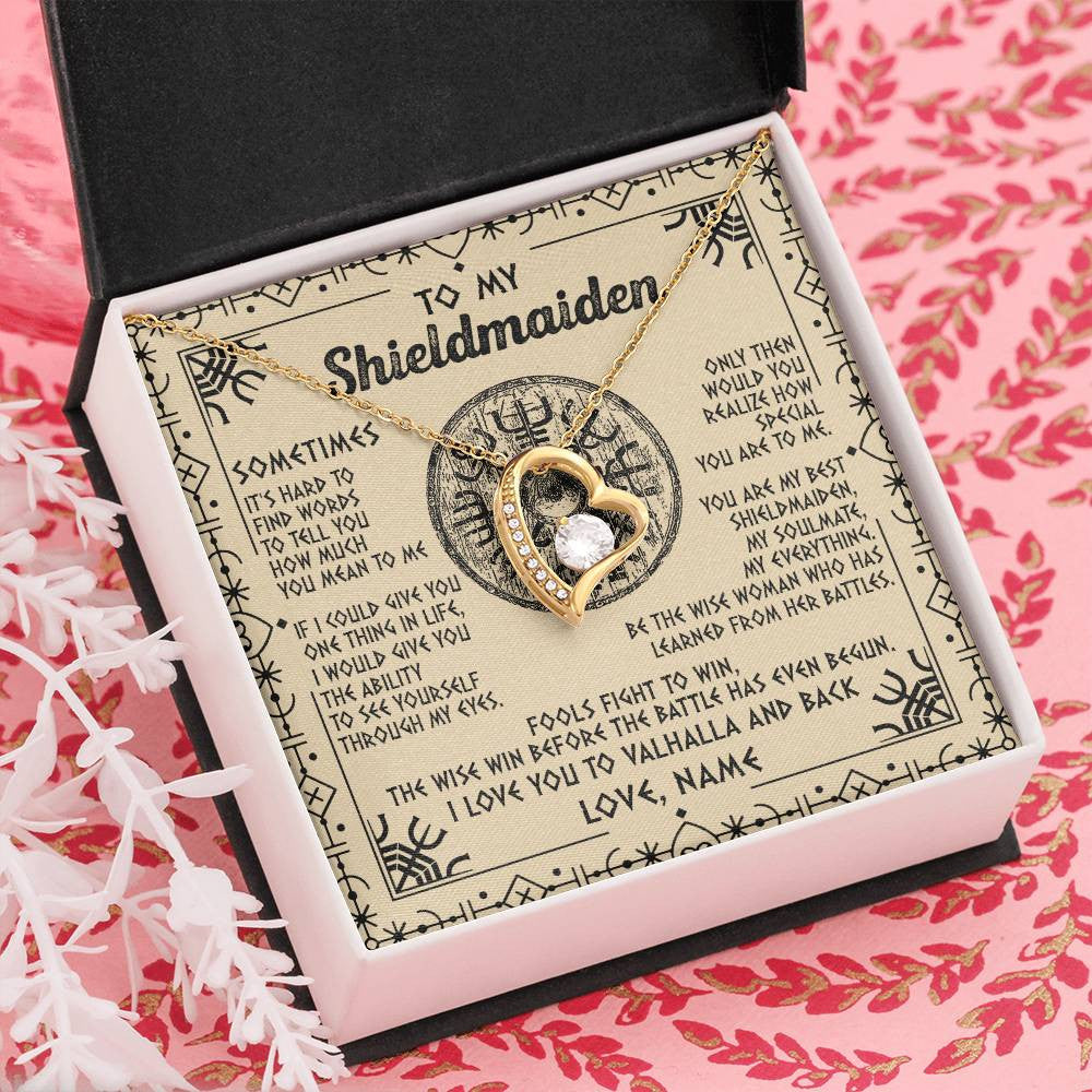 Personalized To My Shieldmaiden Necklace Viking Vintage I Love You to Valhalla Jewelry Fiancee Wife Girlfriend Birthday Anniversary Customized Message Card