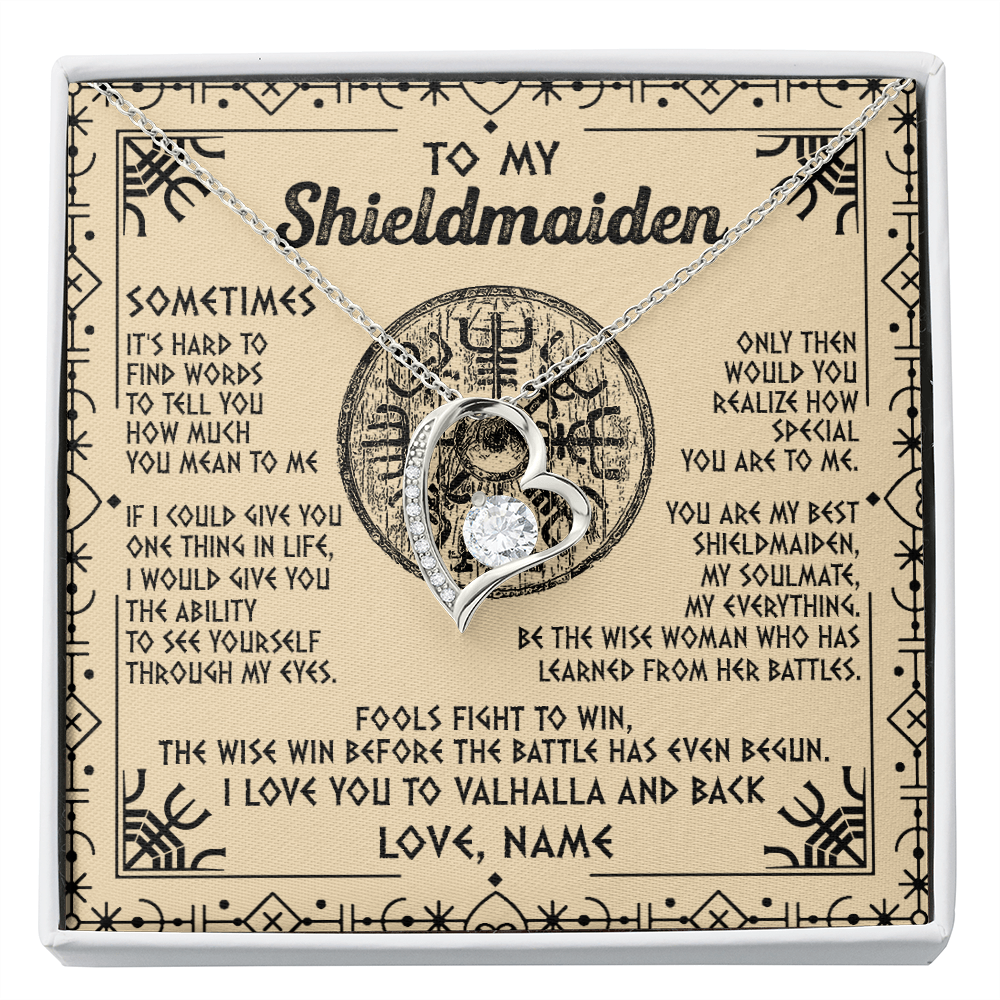 Personalized To My Shieldmaiden Necklace Viking Vintage I Love You to Valhalla Jewelry Fiancee Wife Girlfriend Birthday Anniversary Customized Message Card