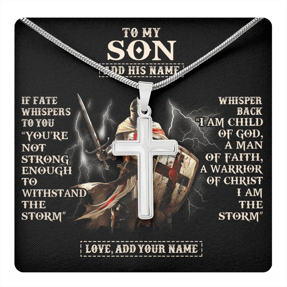 Personalized To My Son Necklace From Dad Mom For Men Warrior Knight Templar I Am The Storm Birthday Gifts For Son Graduation Christmas Gift Box Message Card