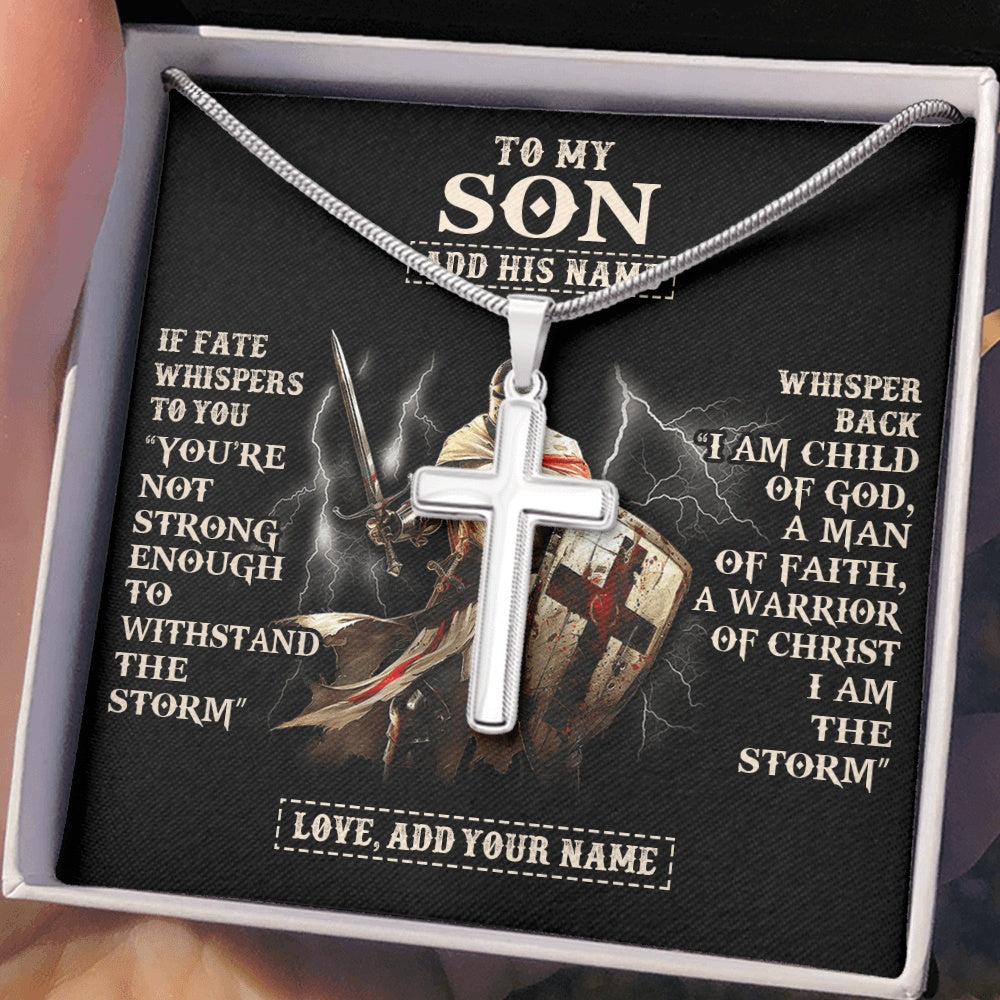 Personalized To My Son Necklace From Dad Mom For Men Warrior Knight Templar I Am The Storm Birthday Gifts For Son Graduation Christmas Gift Box Message Card