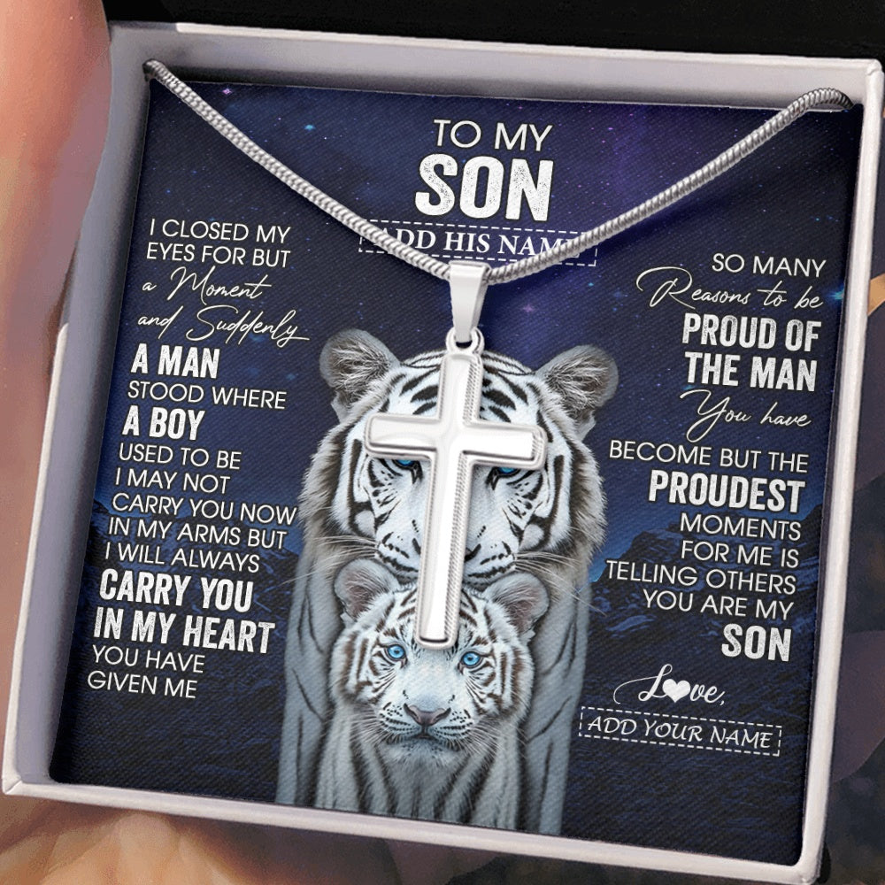 Personalized To My Son Necklace From Mom Dad I Close My Eyes White Tiger Birthday Gift For Son Graduation Christmas Custom Jewelry Gift Box Message Card