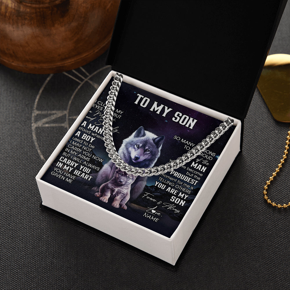 Personalized To My Son Necklace From Mom Dad Mother Father I Close My Eyes Wolf Son Birthday Gifts Graduation Christmas Customized Gift Box Message Card