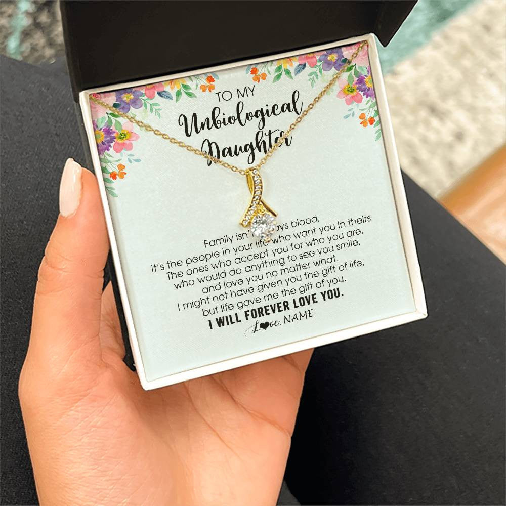 Personalized To My Unbiological Daughter Necklace Family Isn't Always Blood Bonus Daughter Stepdaughter Birthday Christmas Customized Gift Box Message Card