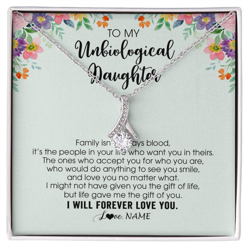 Personalized To My Unbiological Daughter Necklace Family Isn't Always Blood Bonus Daughter Stepdaughter Birthday Christmas Customized Gift Box Message Card