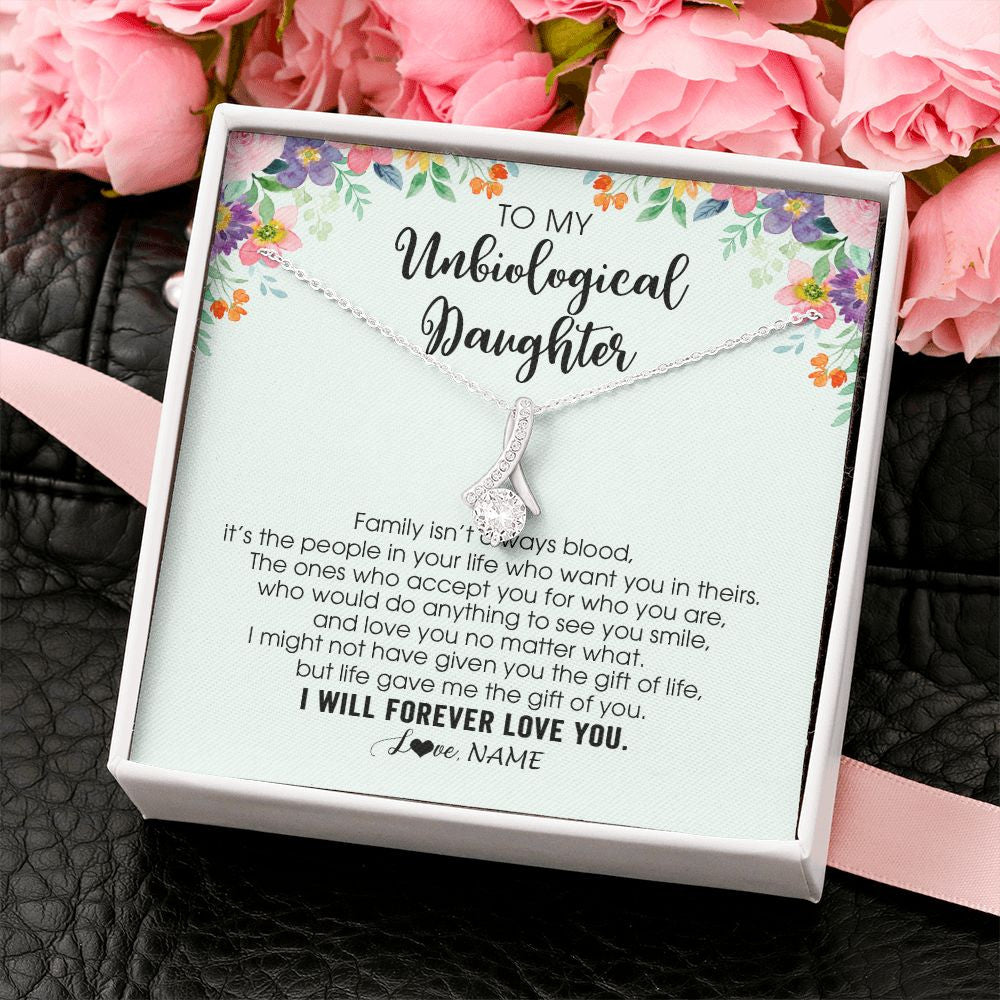 Personalized To My Unbiological Daughter Necklace Family Isn't Always Blood Bonus Daughter Stepdaughter Birthday Christmas Customized Gift Box Message Card