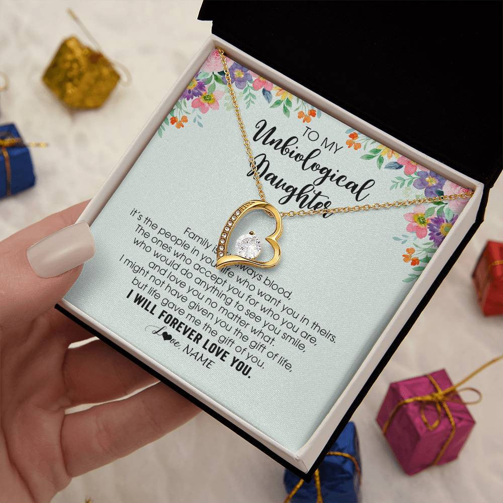 Personalized To My Unbiological Daughter Necklace Family Isn't Always Blood Bonus Daughter Stepdaughter Birthday Christmas Customized Gift Box Message Card