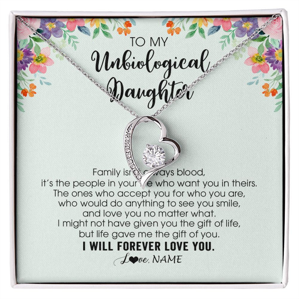 Personalized To My Unbiological Daughter Necklace Family Isn't Always Blood Bonus Daughter Stepdaughter Birthday Christmas Customized Gift Box Message Card