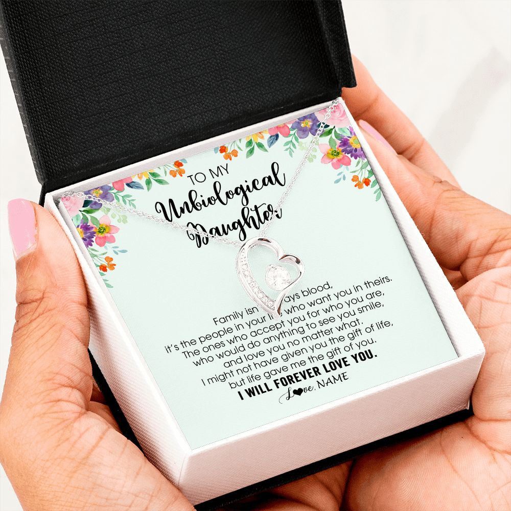 Personalized To My Unbiological Daughter Necklace Family Isn't Always Blood Bonus Daughter Stepdaughter Birthday Christmas Customized Gift Box Message Card