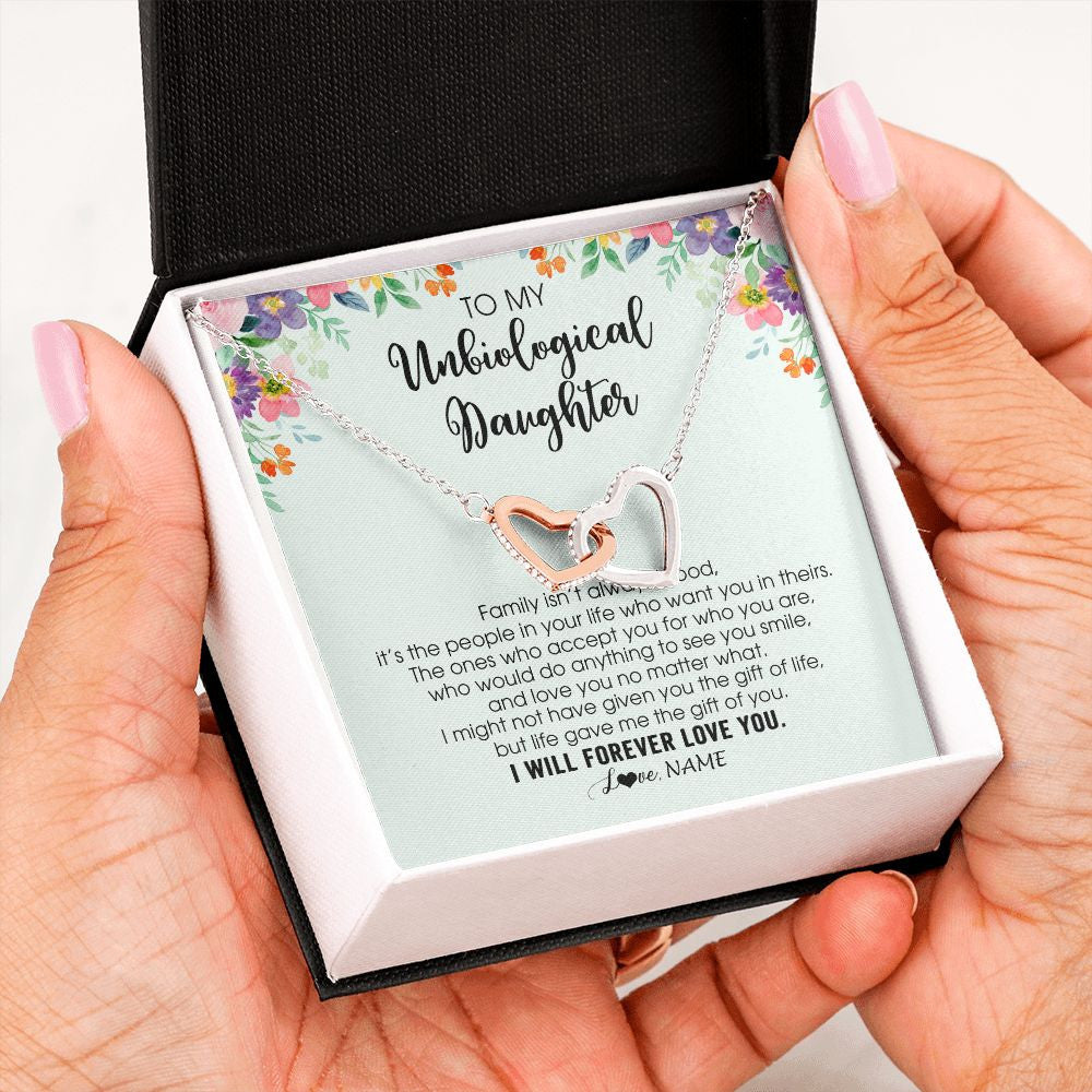 Personalized To My Unbiological Daughter Necklace Family Isn't Always Blood Bonus Daughter Stepdaughter Birthday Christmas Customized Gift Box Message Card