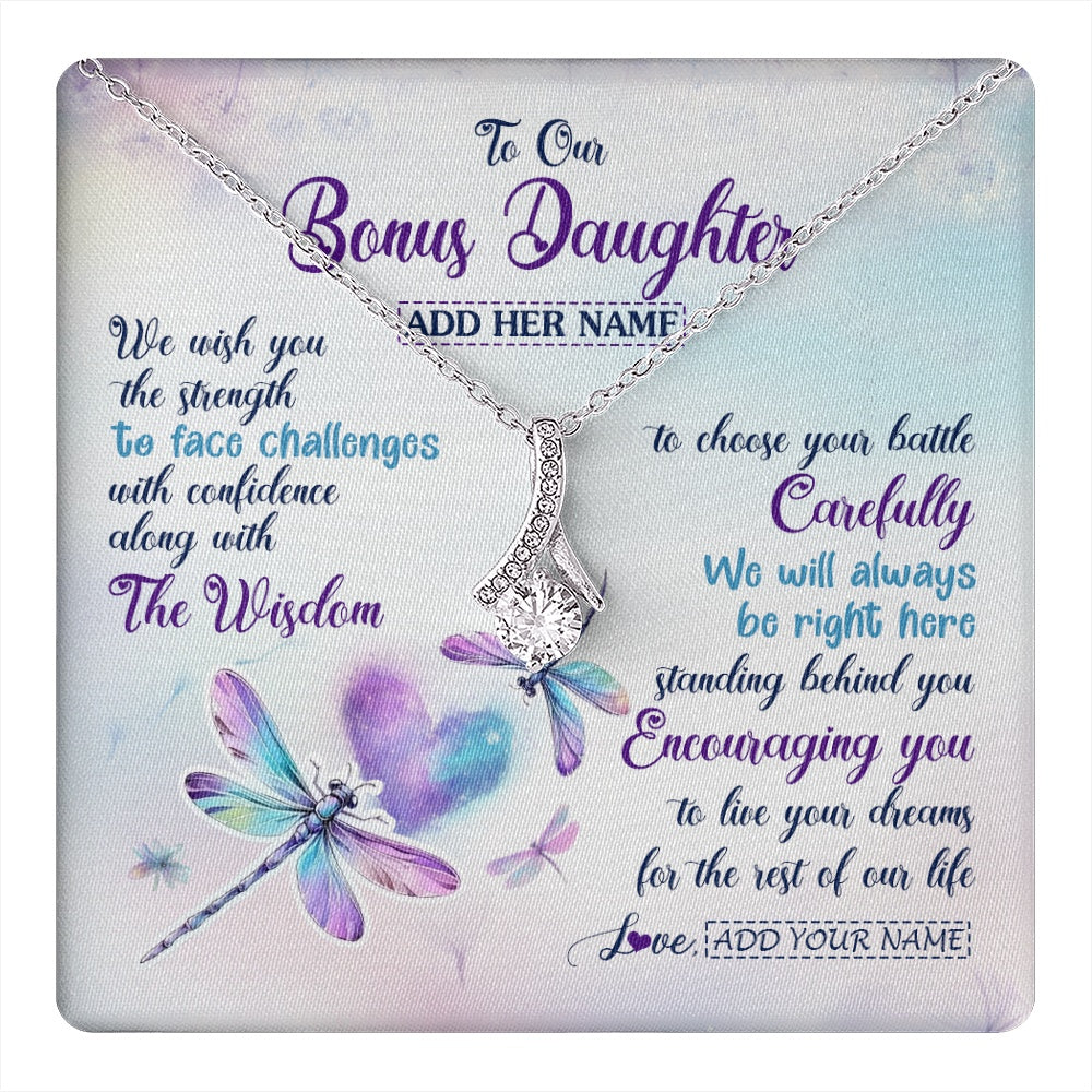 Personalized To Our Bonus Daughter Gifts Necklace From Stepmom Stepdad Always Be Right Here Dragonfly Birthday For Stepdaughter Christmas Gift Box Message Card