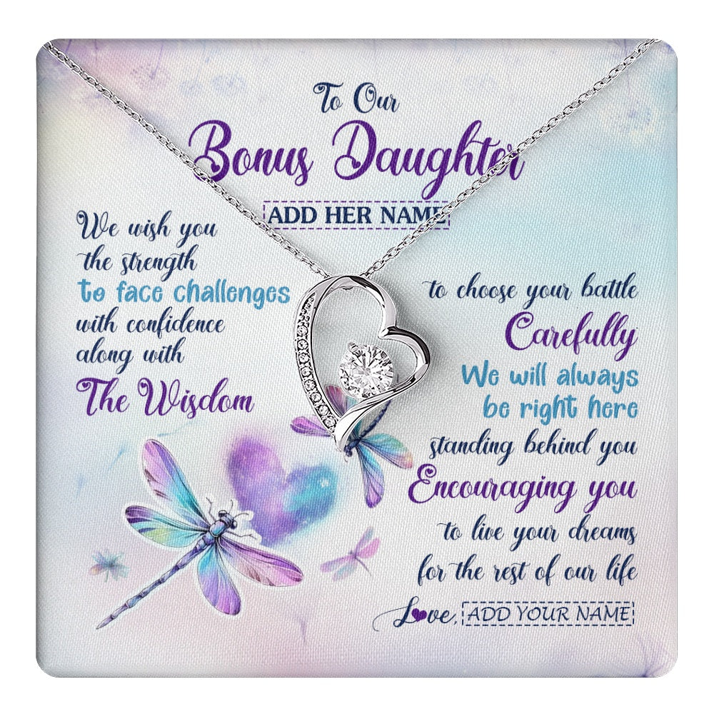 Personalized To Our Bonus Daughter Gifts Necklace From Stepmom Stepdad Always Be Right Here Dragonfly Birthday For Stepdaughter Christmas Gift Box Message Card