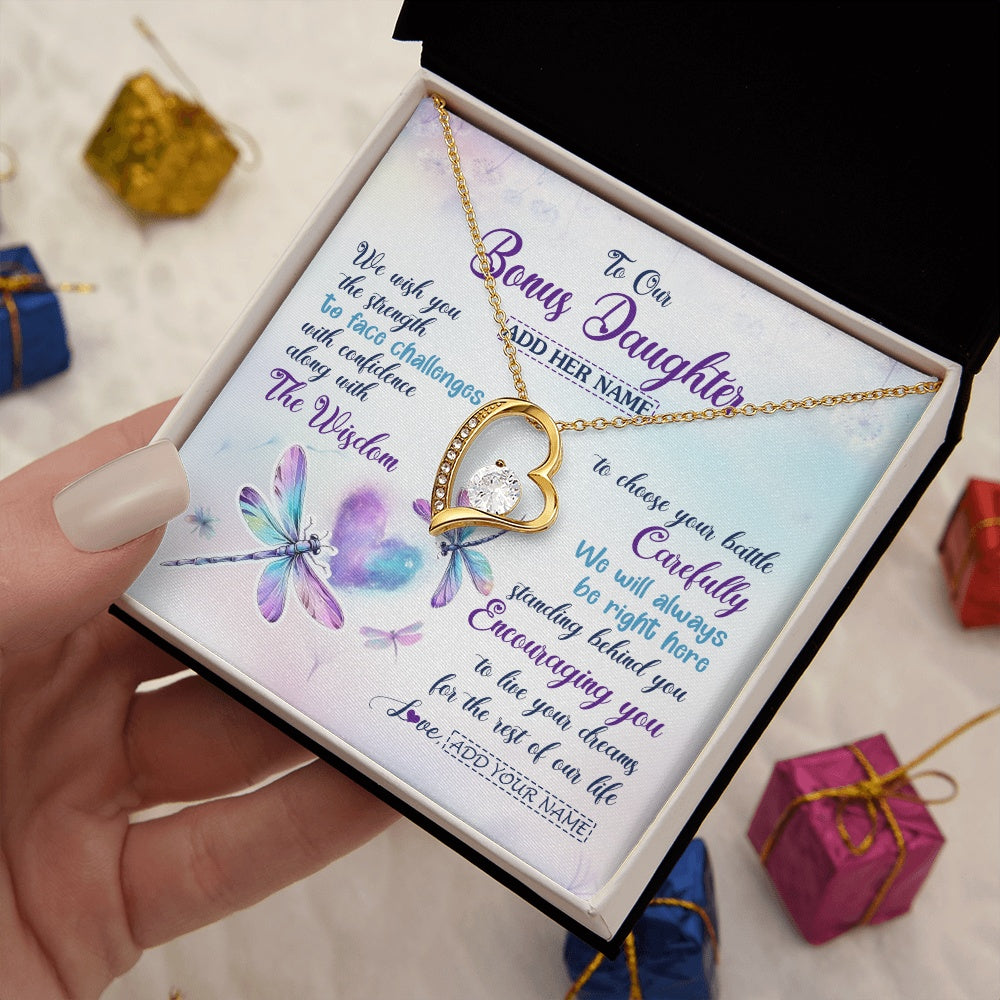 Personalized To Our Bonus Daughter Gifts Necklace From Stepmom Stepdad Always Be Right Here Dragonfly Birthday For Stepdaughter Christmas Gift Box Message Card
