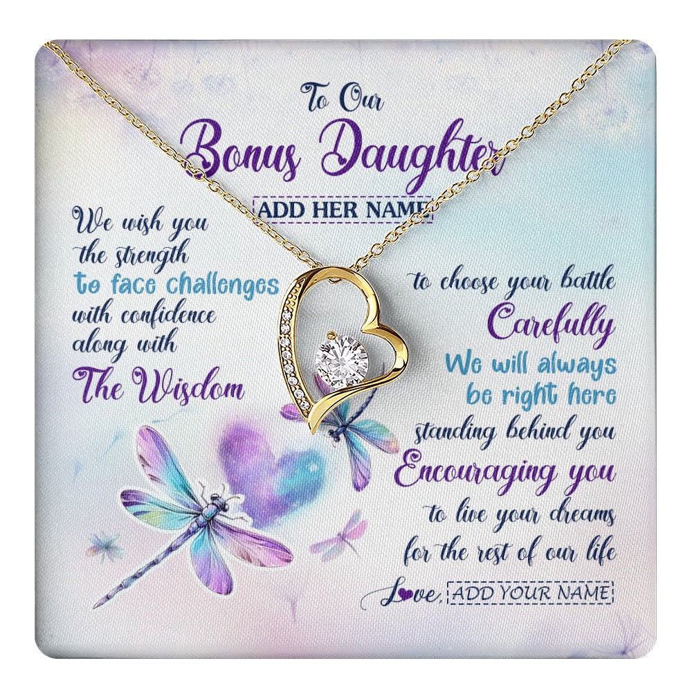 Personalized To Our Bonus Daughter Gifts Necklace From Stepmom Stepdad Always Be Right Here Dragonfly Birthday For Stepdaughter Christmas Gift Box Message Card