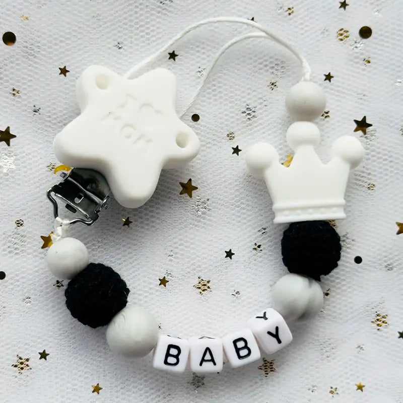 Custom Personalized Name Pacifier Clip - Handmade Beech Wood & Silicone Crown Soother Holder, Baby Teething Toy Gift