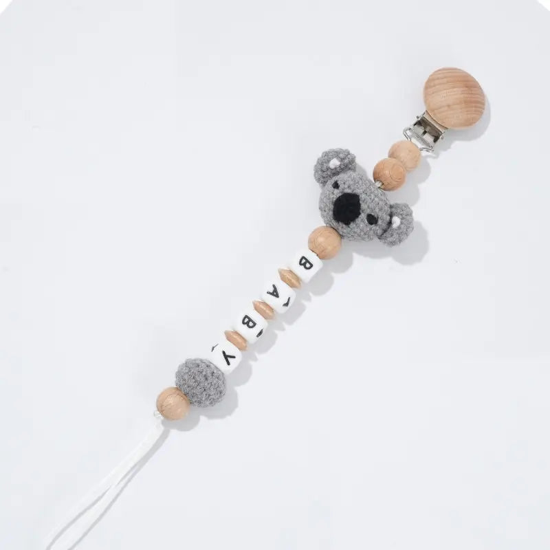 Personalized Baby Name Pacifier Clip – Crochet Animal Bear Teether Ring with Beech Wood Clip, Eco-Friendly Teething Chain for Infants