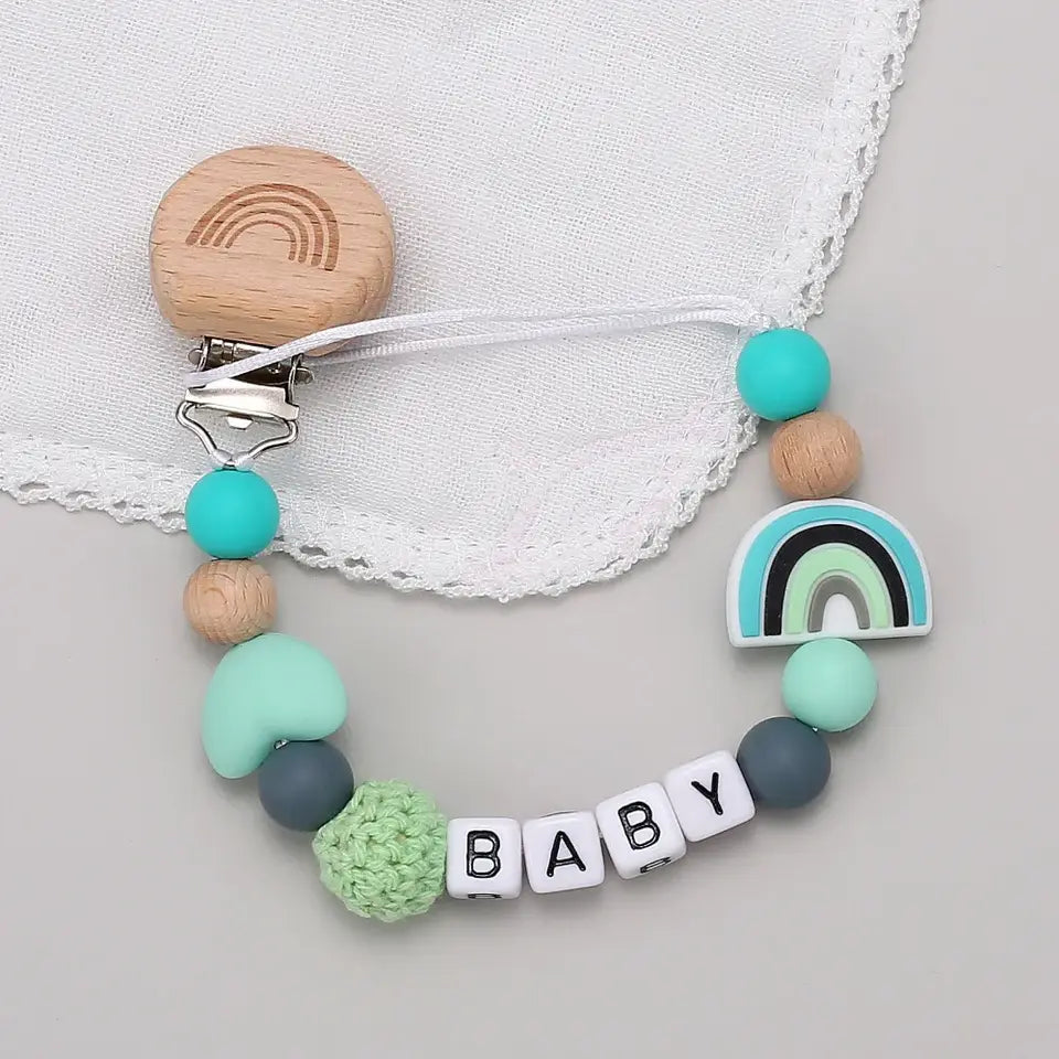 Rainbow Personalized Pacifier Clip – BPA-Free Wood & Silicone Teething Chain - Babyclipstore JE5532