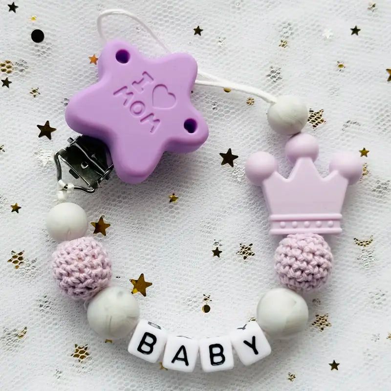 Custom Personalized Name Pacifier Clip - Handmade Beech Wood & Silicone Crown Soother Holder, Baby Teething Toy Gift