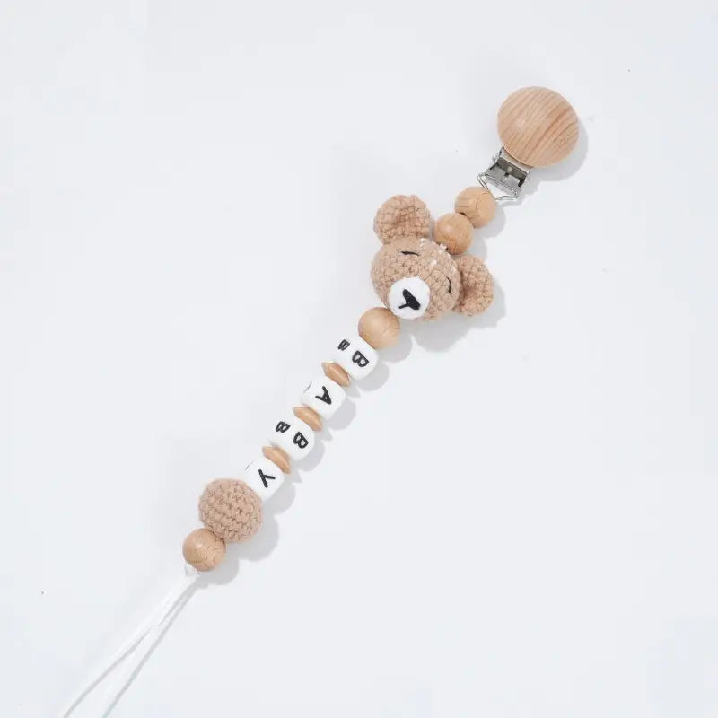 Personalized Baby Name Pacifier Clip – Crochet Animal Bear Teether Ring with Beech Wood Clip, Eco-Friendly Teething Chain for Infants