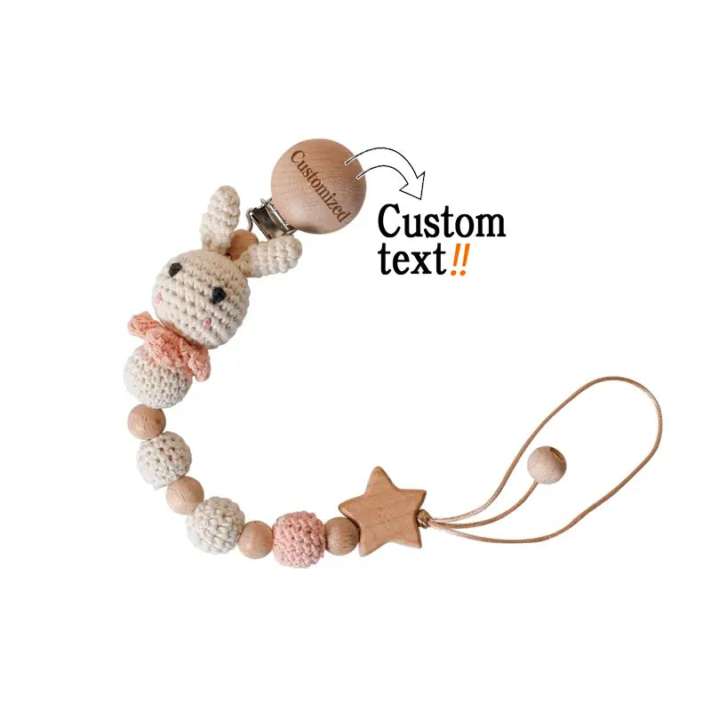 Custom Baby Pacifier Clip – Crochet Rabbit Teething Chain with BPA-Free Silicone Beads, Handmade Infant Nursing Pacifier Holder