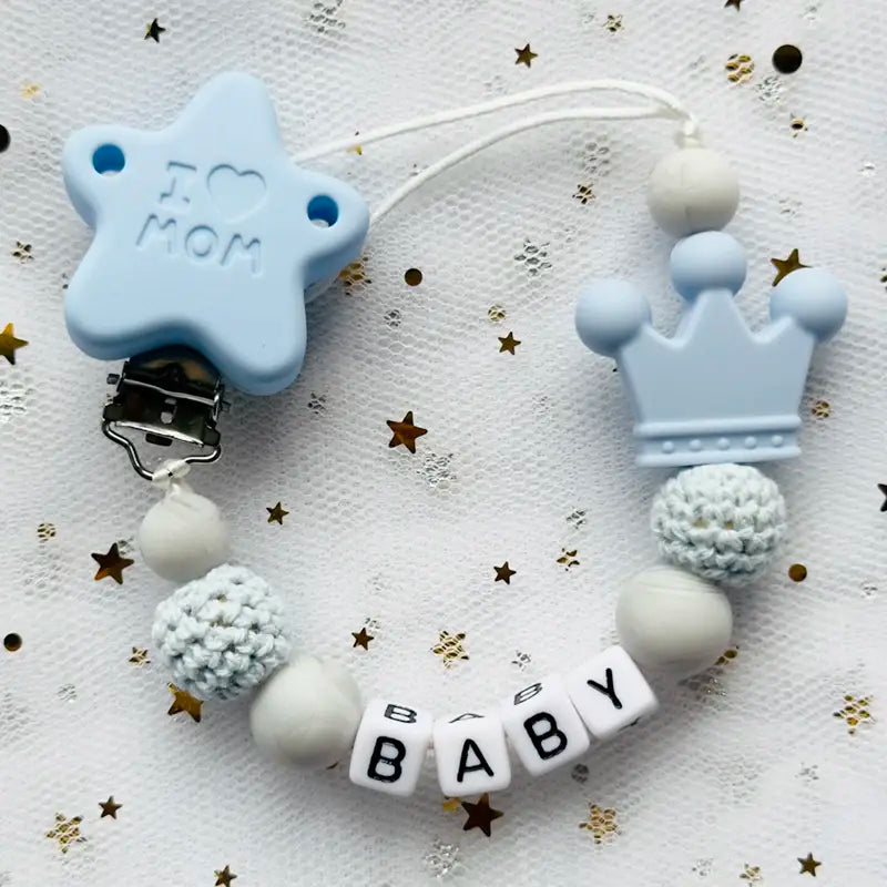 Custom Personalized Name Pacifier Clip - Handmade Beech Wood & Silicone Crown Soother Holder, Baby Teething Toy Gift