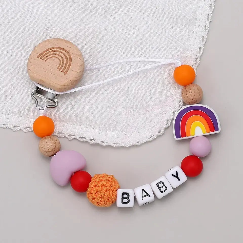 Rainbow Personalized Pacifier Clip – BPA-Free Wood & Silicone Teething Chain - Babyclipstore JE5532