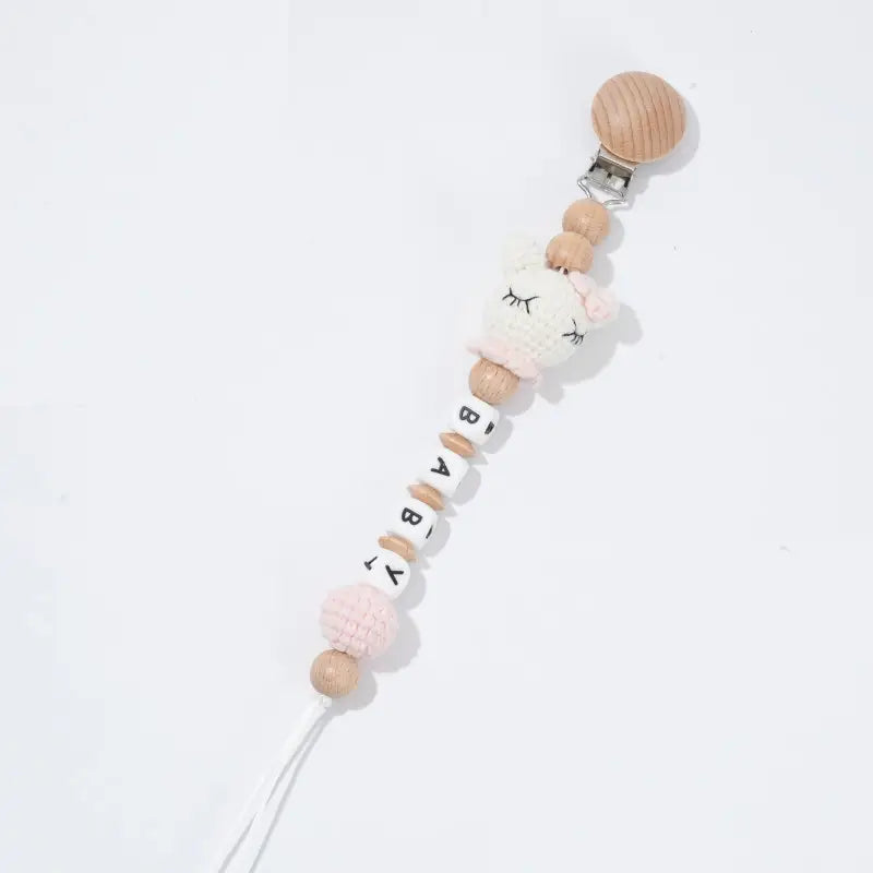 Personalized Baby Name Pacifier Clip – Crochet Animal Bear Teether Ring with Beech Wood Clip, Eco-Friendly Teething Chain for Infants