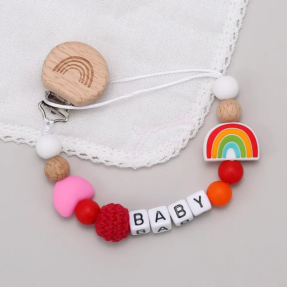 Rainbow Personalized Pacifier Clip – BPA-Free Wood & Silicone Teething Chain - Babyclipstore JE5532