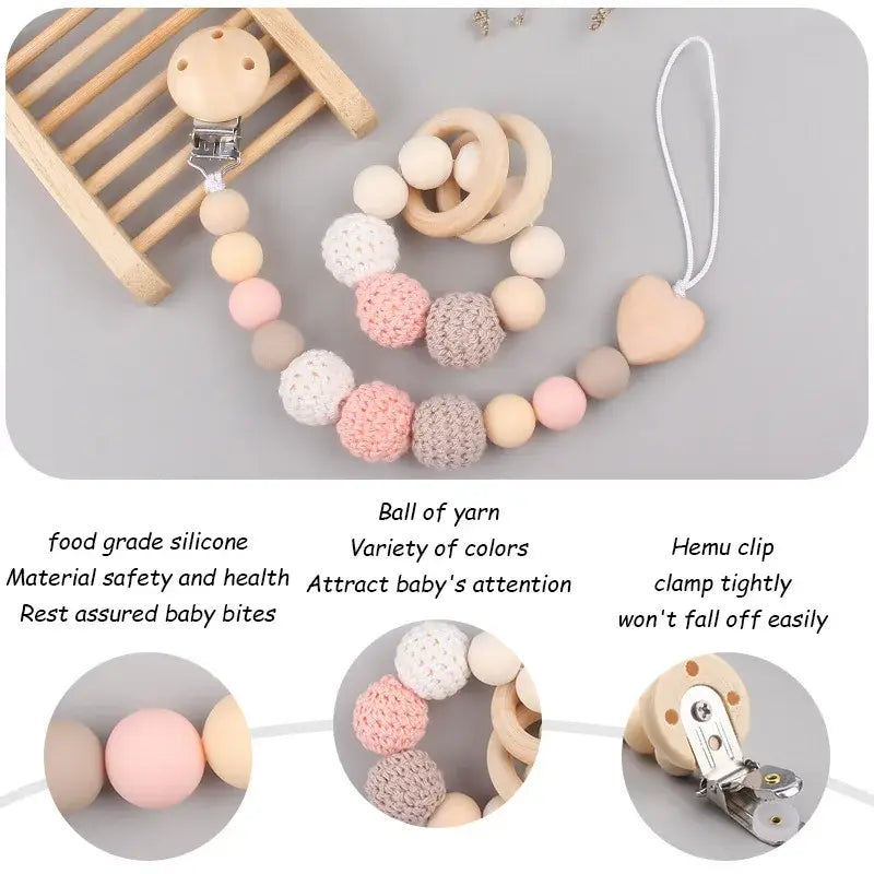 Newborn Baby Pacifier Clip & Teething Bracelet – Soft Crochet Wool Ball Chain | Cute Dummy Nipple Holder