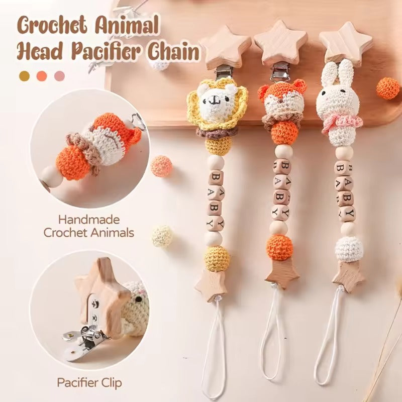 Personalized Baby Name Pacifier Clip – Crochet Animal Teether Chain, Newborn Dummy Nipple Holder, Custom Teething Toy Gift