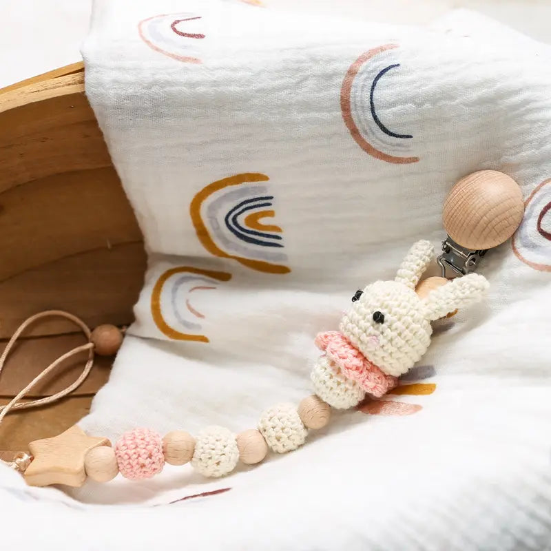 Custom Baby Pacifier Clip – Crochet Rabbit Teething Chain with BPA-Free Silicone Beads, Handmade Infant Nursing Pacifier Holder