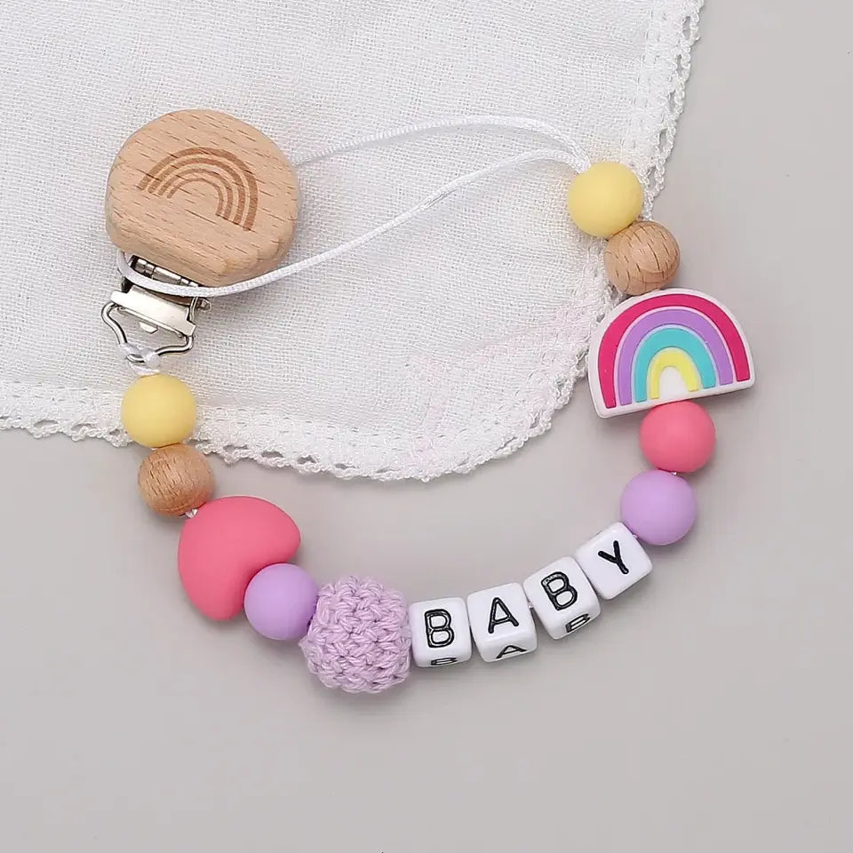 Rainbow Personalized Pacifier Clip – BPA-Free Wood & Silicone Teething Chain - Babyclipstore JE5532
