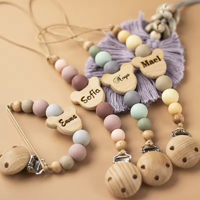 Custom Name Wooden Pacifier Clip – Personalized Baby Silicone Bead Soother Holder, Teething Chain, Newborn Gift