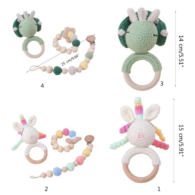 Newborn Baby Gift Set – 3-in-1 Infant Rattle Toy, Pacifier Clip & Crochet Teether for 0-12 Months – Baby Shower Gift for Boys & Girls