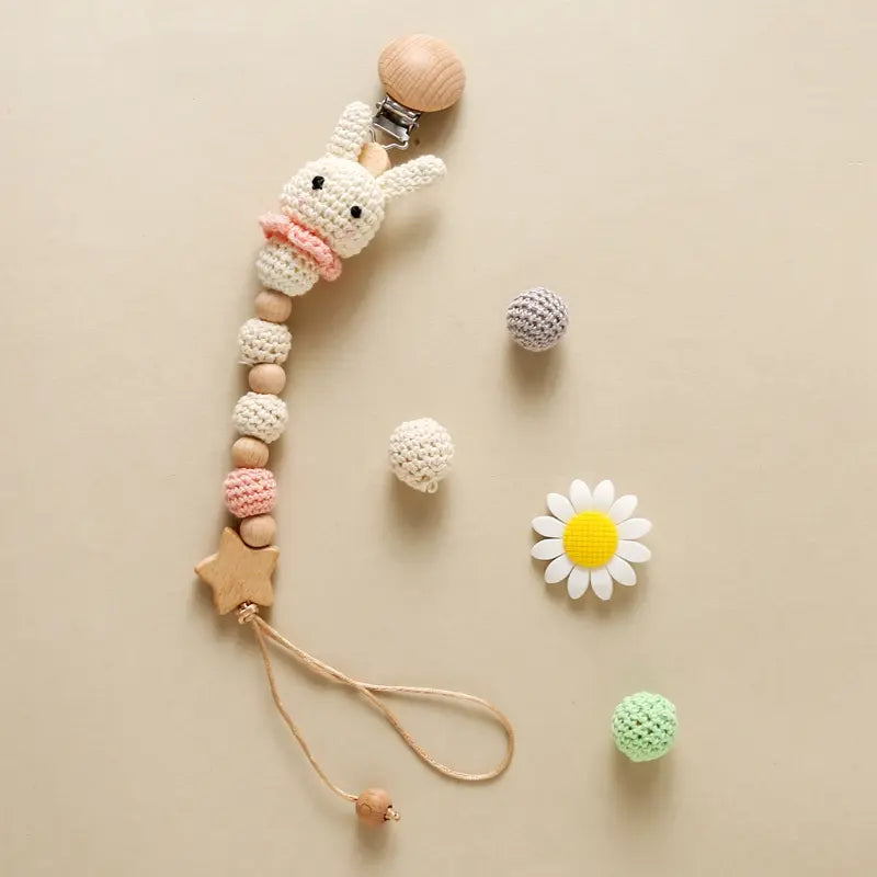 Custom Baby Pacifier Clip – Crochet Rabbit Teething Chain with BPA-Free Silicone Beads, Handmade Infant Nursing Pacifier Holder