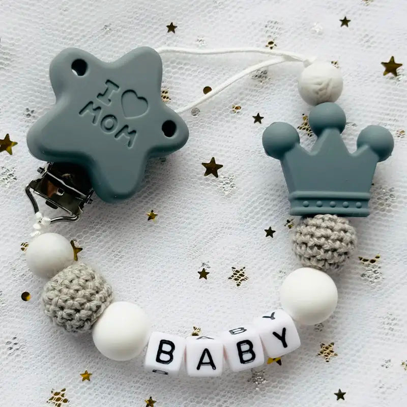 Custom Personalized Name Pacifier Clip - Handmade Beech Wood & Silicone Crown Soother Holder, Baby Teething Toy Gift