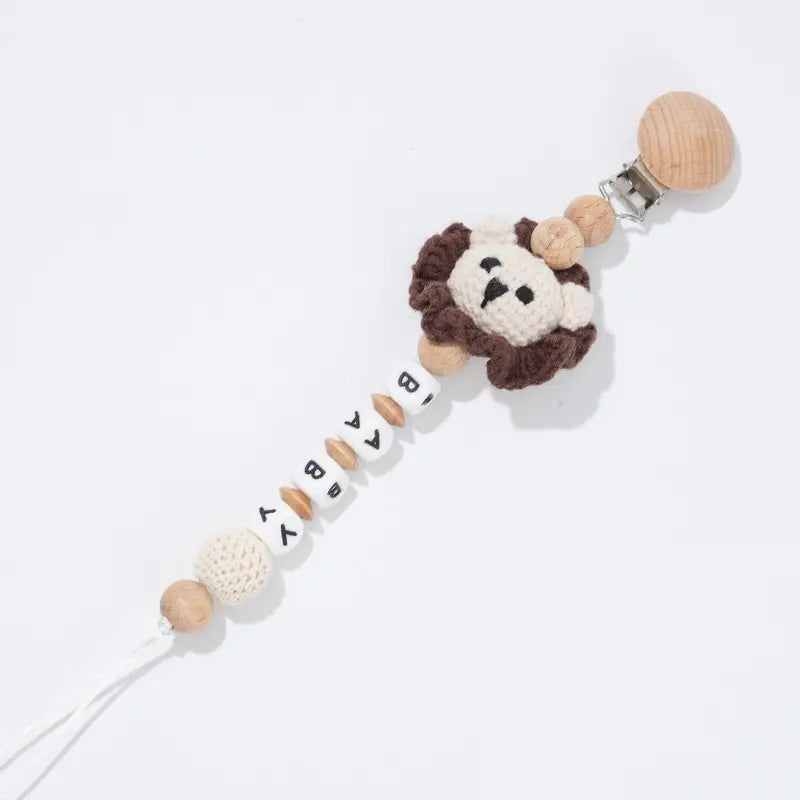 Personalized Baby Name Pacifier Clip – Crochet Animal Bear Teether Ring with Beech Wood Clip, Eco-Friendly Teething Chain for Infants