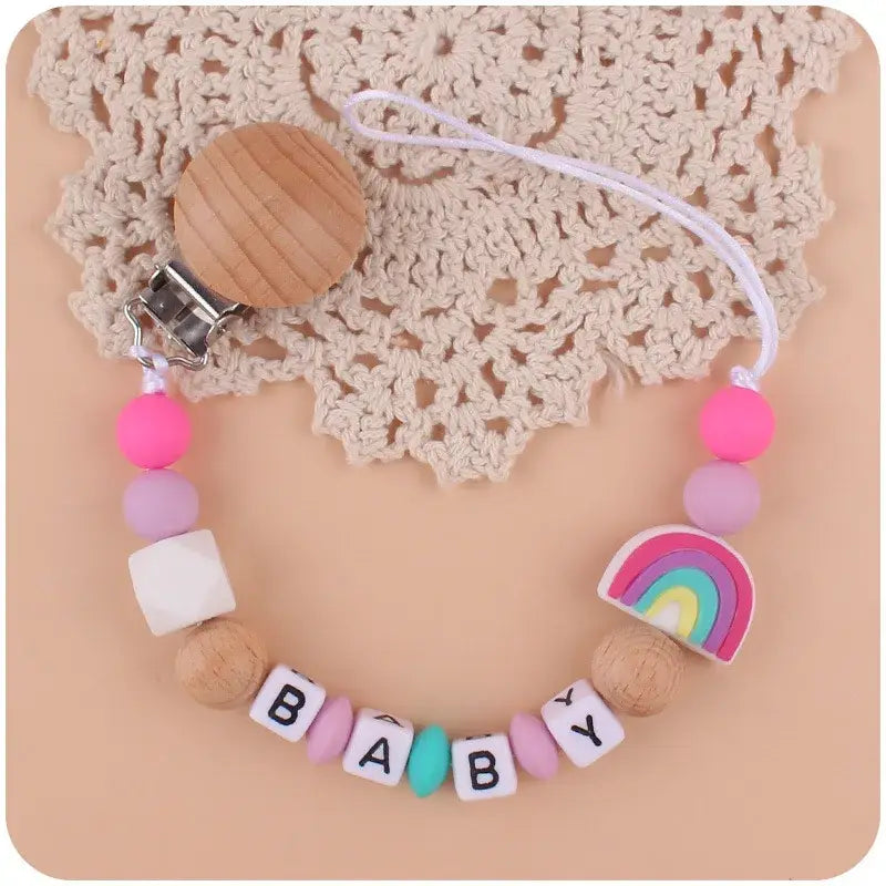Personalized Baby Pacifier Clip – BPA-Free Silicone Rainbow Holder & Teether Chain - Babyclipstore TRKS3522