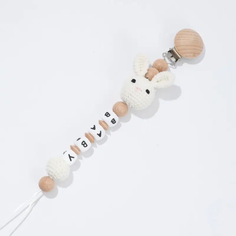 Personalized Baby Name Pacifier Clip – Crochet Animal Bear Teether Ring with Beech Wood Clip, Eco-Friendly Teething Chain for Infants