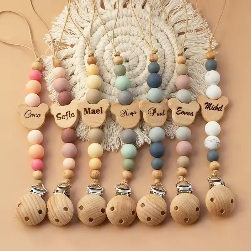 Custom Name Wooden Pacifier Clip – Personalized Baby Silicone Bead Soother Holder, Teething Chain, Newborn Gift
