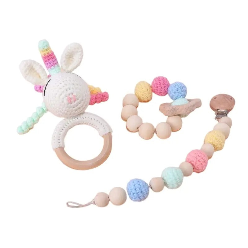Newborn Baby Gift Set – 3-in-1 Infant Rattle Toy, Pacifier Clip & Crochet Teether for 0-12 Months – Baby Shower Gift for Boys & Girls