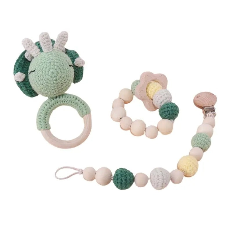 Newborn Baby Gift Set – 3-in-1 Infant Rattle Toy, Pacifier Clip & Crochet Teether for 0-12 Months – Baby Shower Gift for Boys & Girls