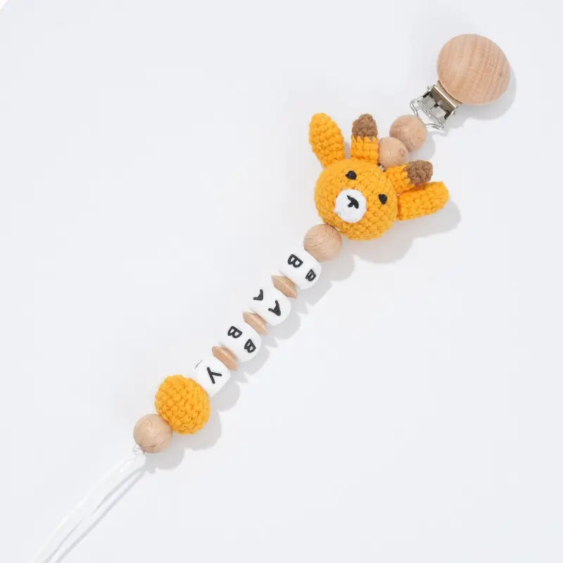 Personalized Baby Name Pacifier Clip – Crochet Animal Bear Teether Ring with Beech Wood Clip, Eco-Friendly Teething Chain for Infants
