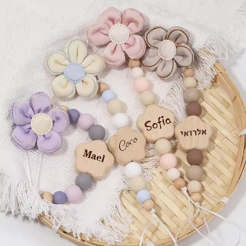 Personalized Baby Pacifier Clip, Custom Name Wooden & Silicone Bead Teether, Dummy Nipple Holder, Newborn Gift for Boys & Girls