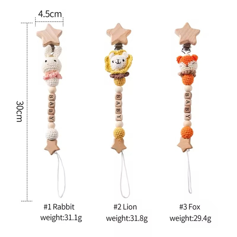 Personalized Baby Name Pacifier Clip – Crochet Animal Teether Chain, Newborn Dummy Nipple Holder, Custom Teething Toy Gift