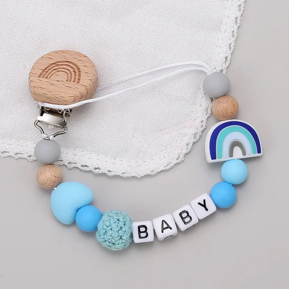 Rainbow Personalized Pacifier Clip – BPA-Free Wood & Silicone Teething Chain - Babyclipstore JE5532