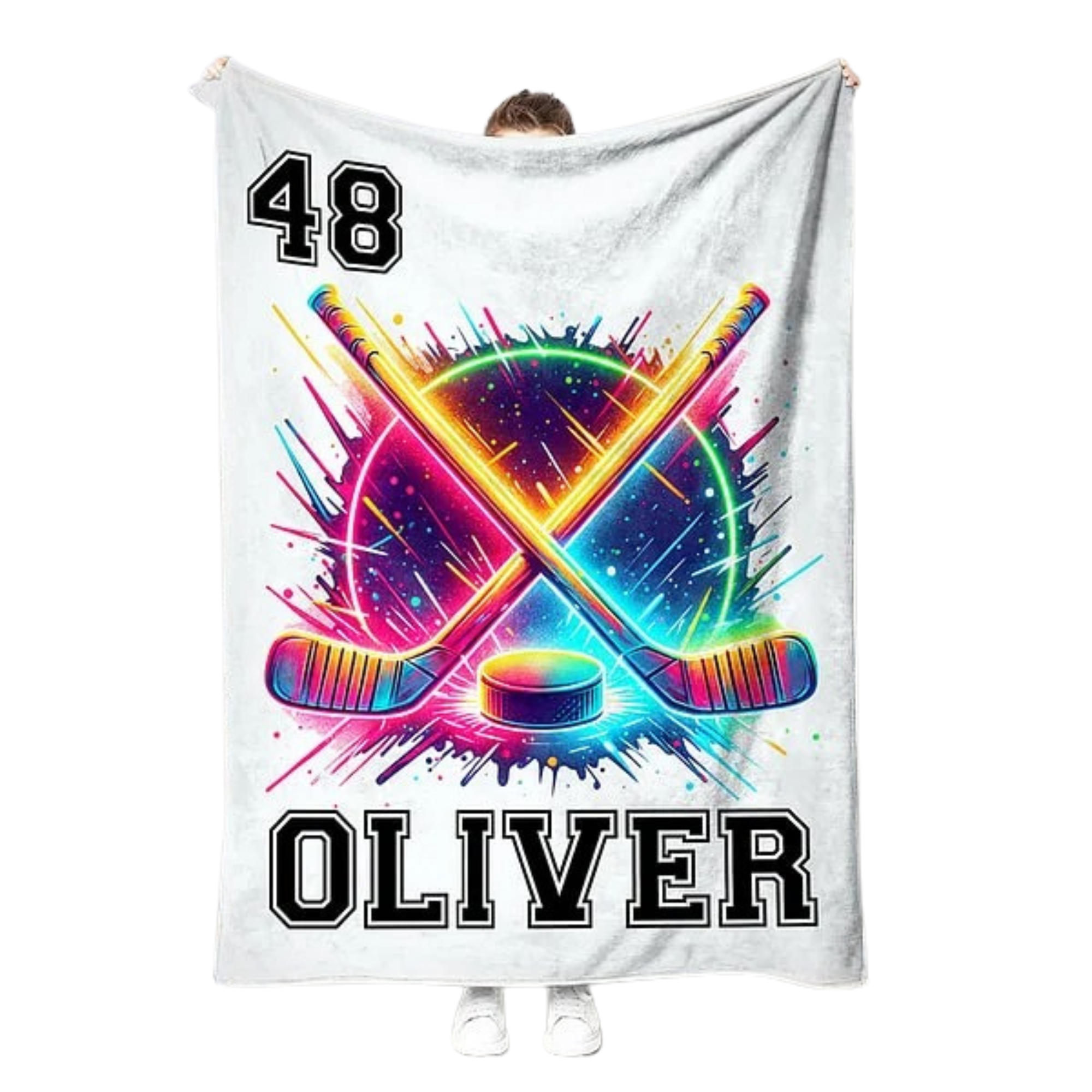 Personalized Hockey Blanket with Name – Neon Sports Throw for Kids & Adults – Custom Gift for Hockey Lovers, Birthday, Match Day & Team Fans