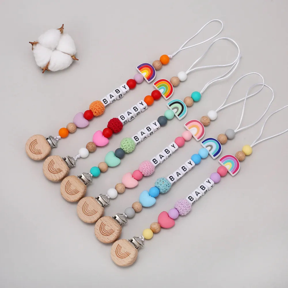 Rainbow Personalized Pacifier Clip – BPA-Free Wood & Silicone Teething Chain - Babyclipstore JE5532