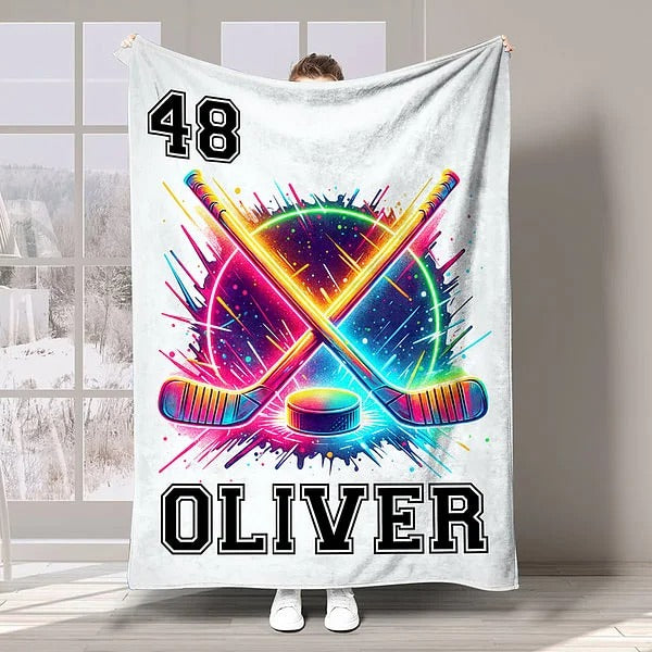 Personalized Hockey Blanket with Name – Neon Sports Throw for Kids & Adults – Custom Gift for Hockey Lovers, Birthday, Match Day & Team Fans