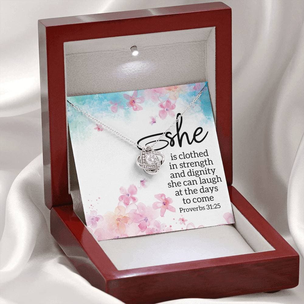 She is Clothed in Strength Love Knot Necklace - KDadorn